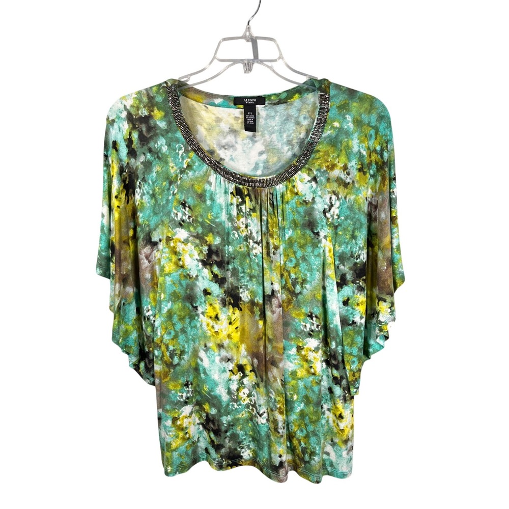 Alfani Petite Abstract Print‎ Embellished Neckline Top
